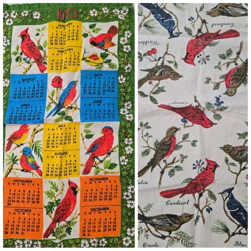 Vintage Linen Bird Tea Towels (1) 1973 Calendar And (1) Bird List